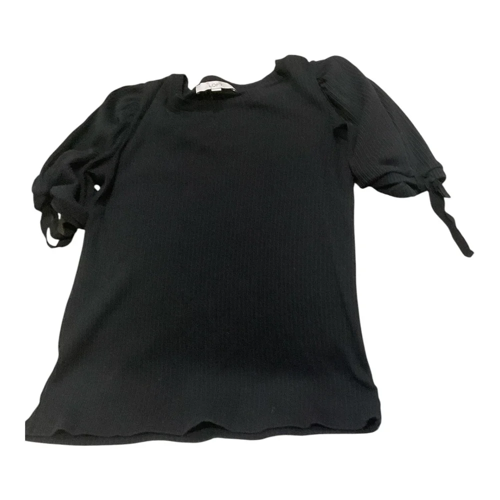 Loft Women Black Ribbed Knit Puff Sleeve Tie Cuff Top Large